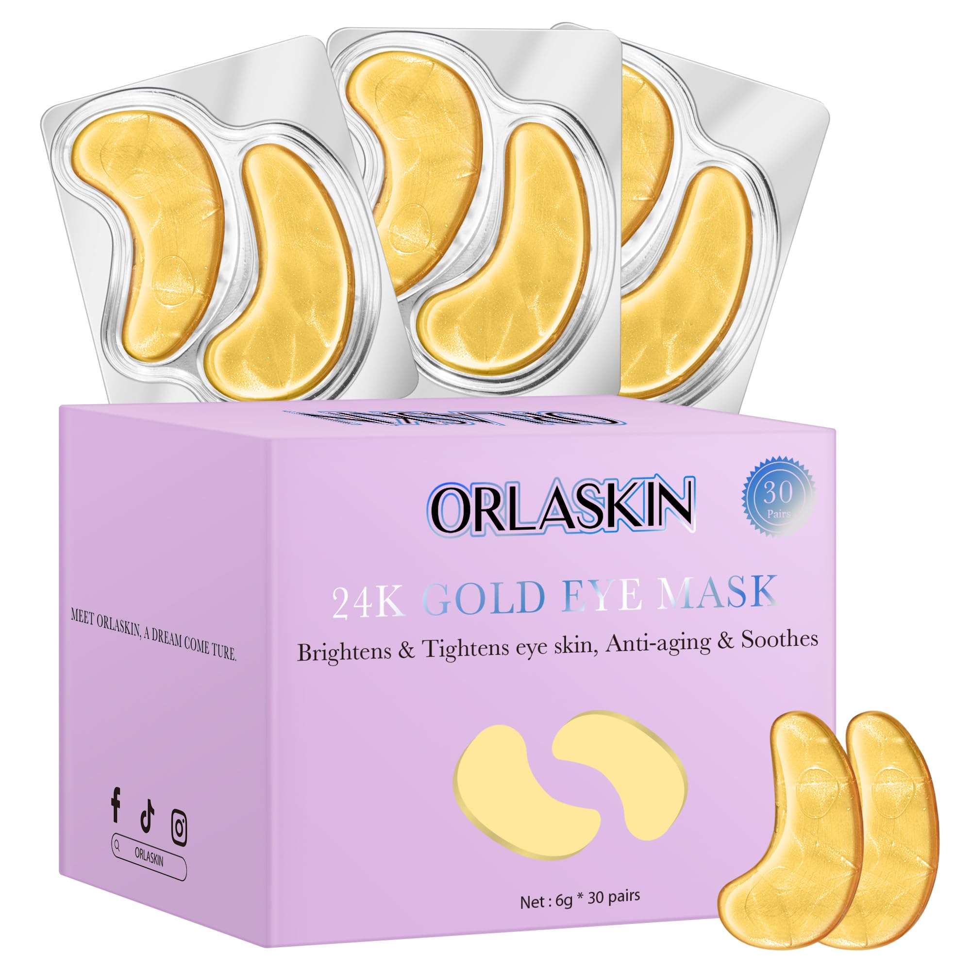 ORLASKIN Under Eye Patches30 Pairs Eye Mask Skin care for Dark Circles Puffy Eyes Under eye BagsWrinklesEye Treatment Skin Care for Men & Women Gift （24K Gold）